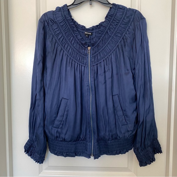 Anthropologie Satin Zip top Cardigan Light weight jacket silk embroidered back - Picture 1 of 8